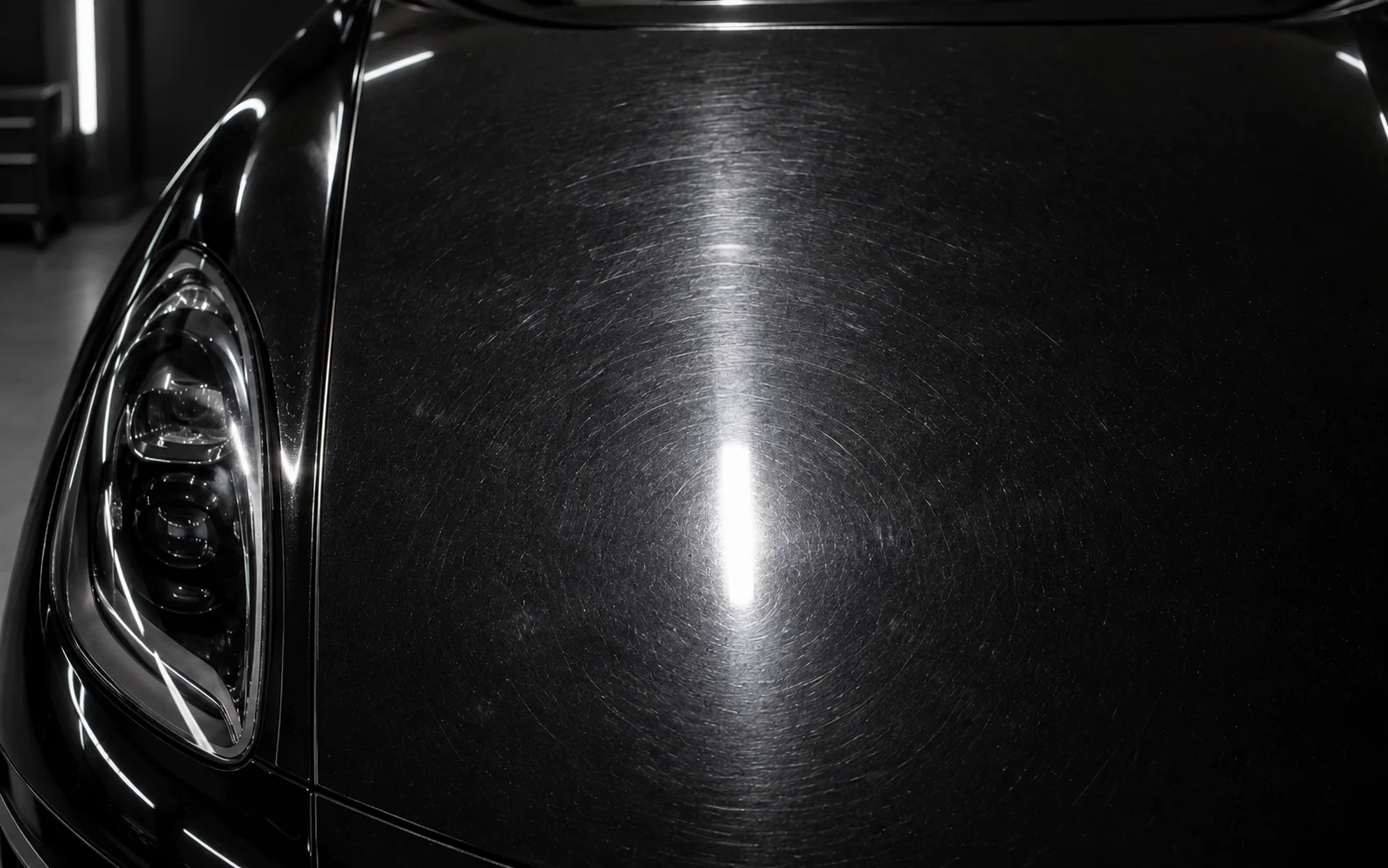 Black Porsche Macan paint before correction, showing swirl marks under inspection light