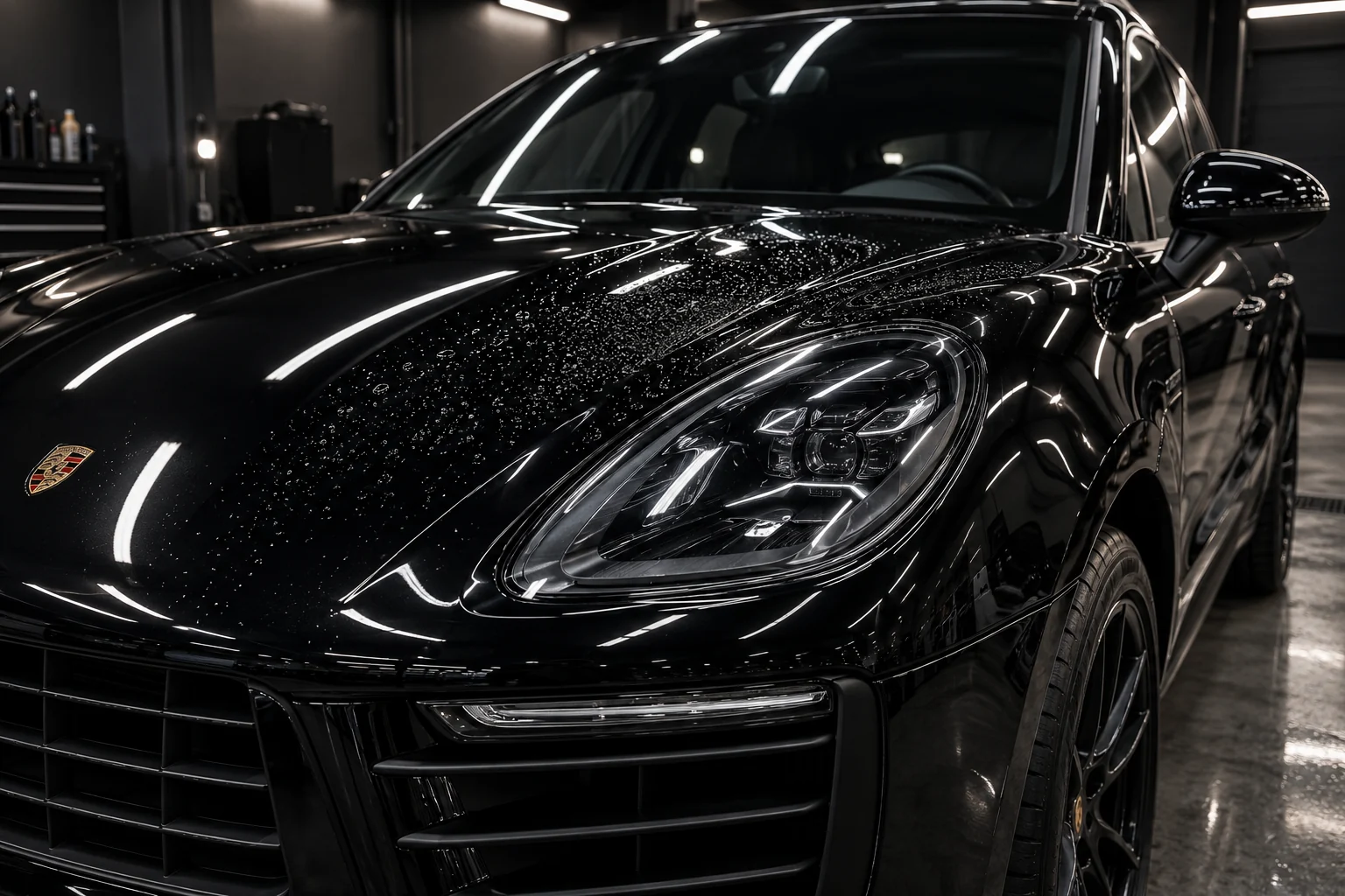 Black Porsche Macan with glossy ceramic-coated paint and realistic water beading