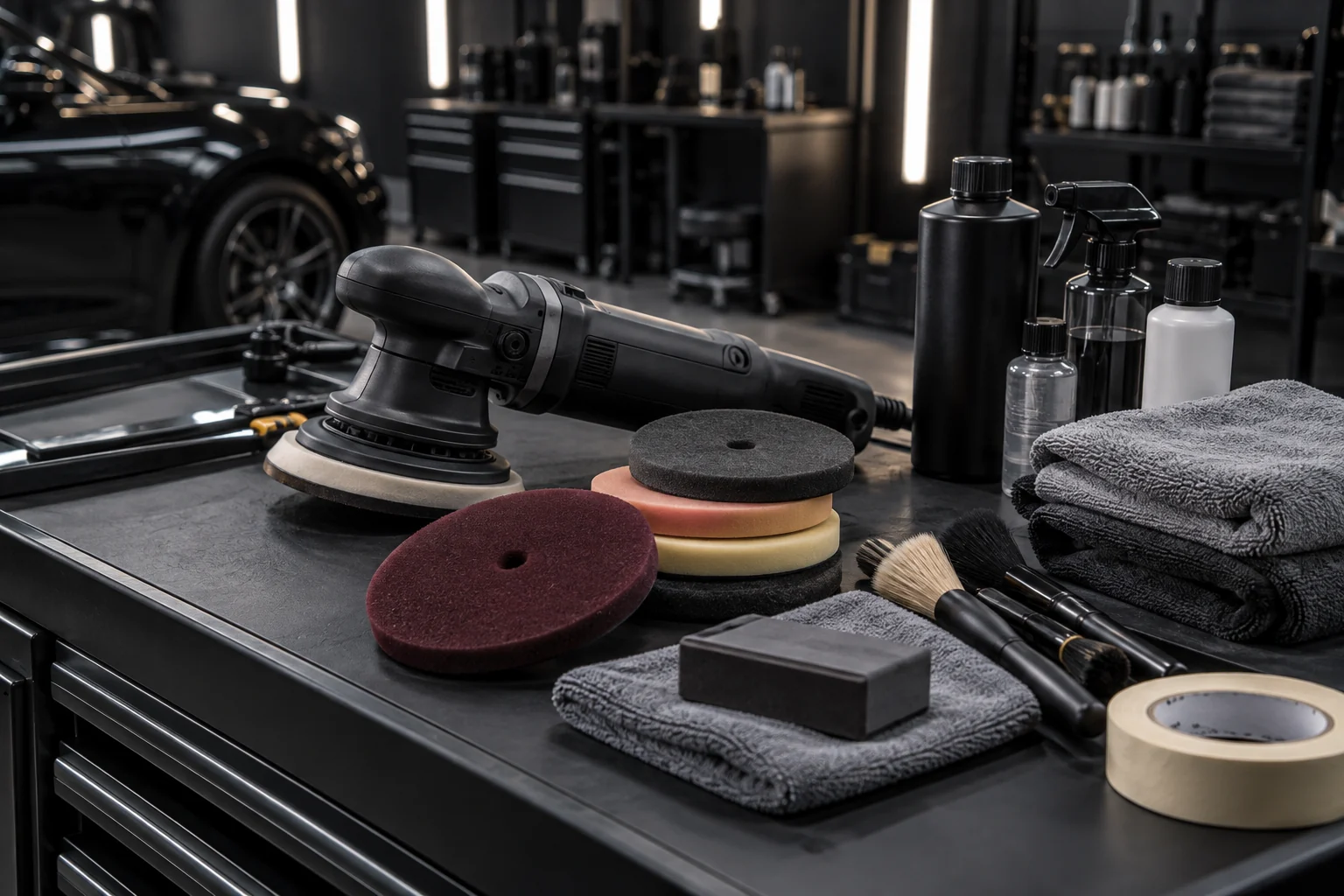 Professional detailing tools, polishing pads, microfiber towels, brushes, and coating supplies arranged on a black workbench