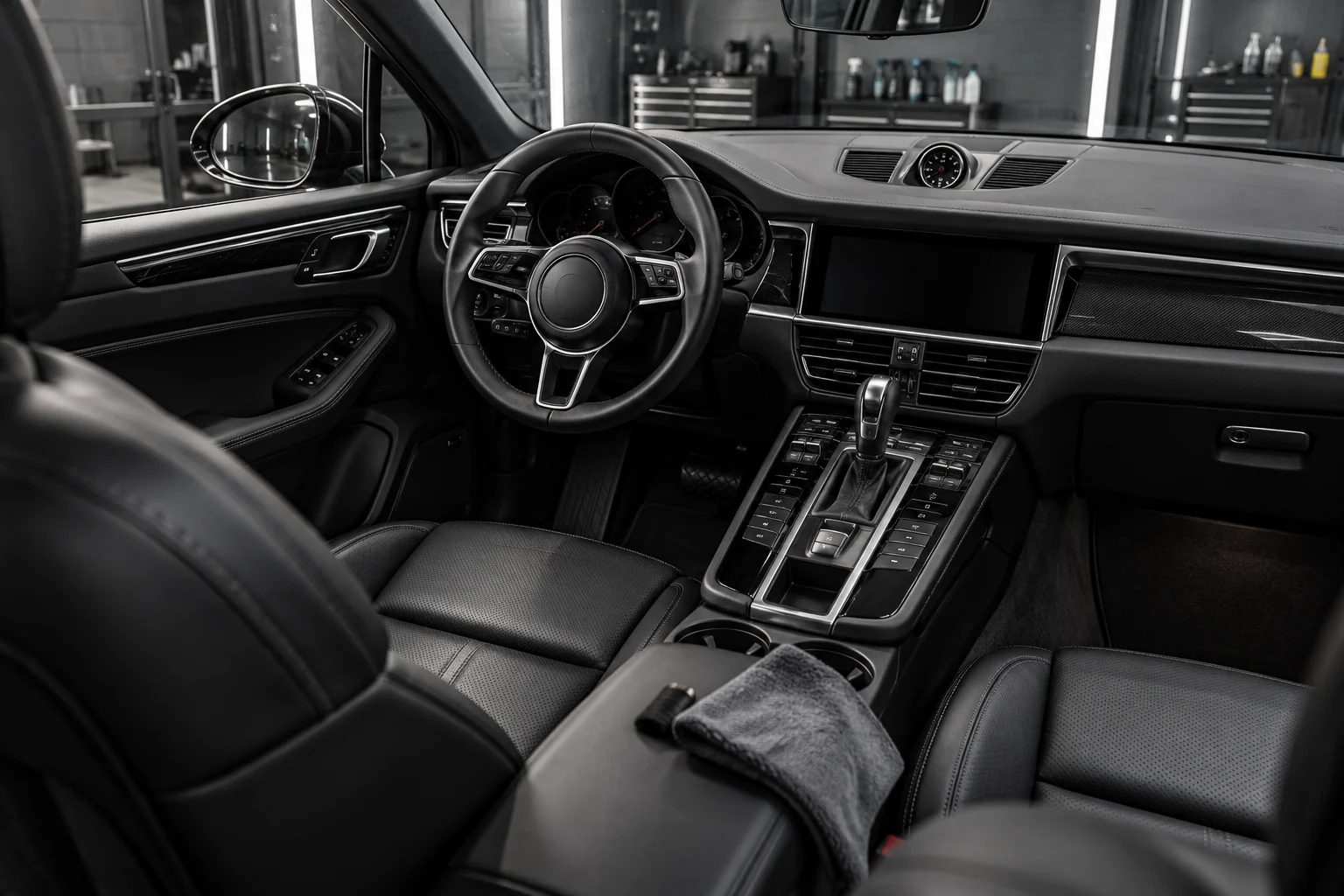 Freshly detailed black luxury SUV interior with leather seats, dashboard, and center console