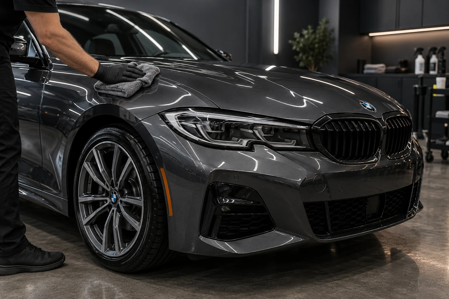 Graphite BMW 3 Series receiving the final wipe of a maintenance detail