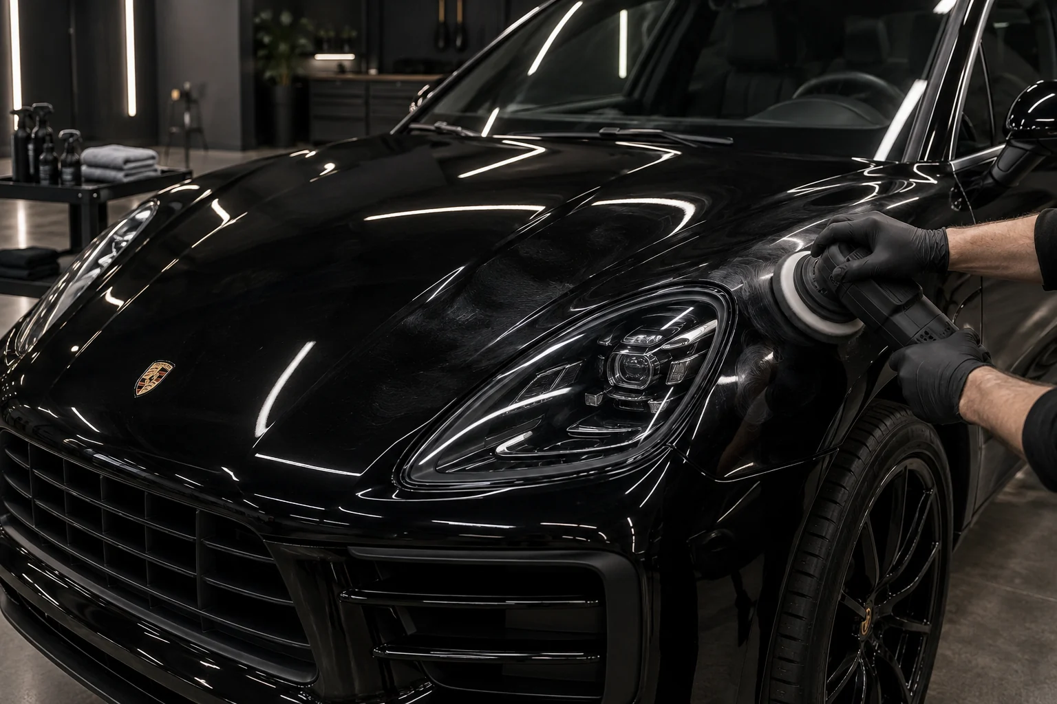 Detailer machine-polishing a black Porsche Macan during paint correction