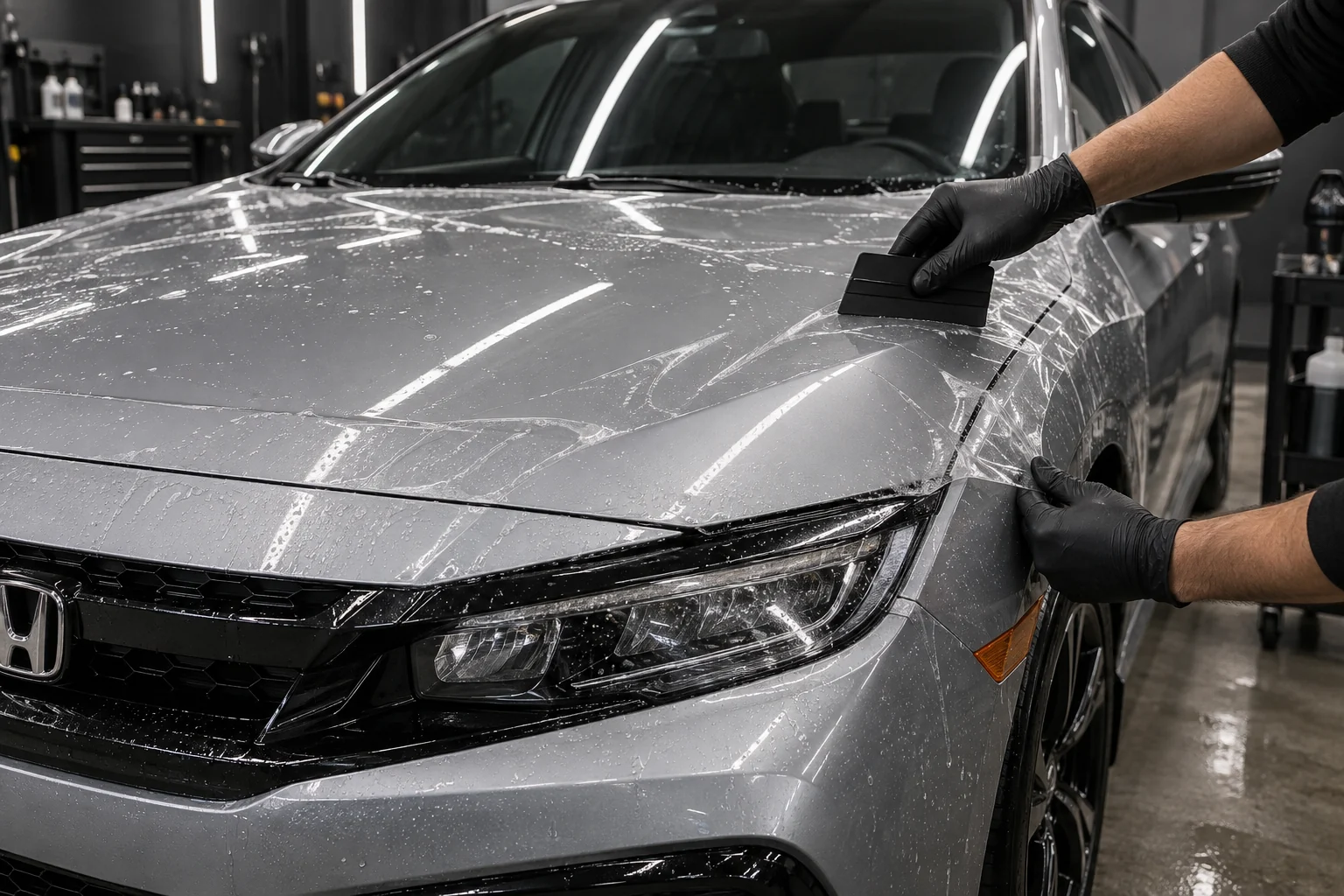 Installer applying transparent paint protection film to a silver Honda Civic