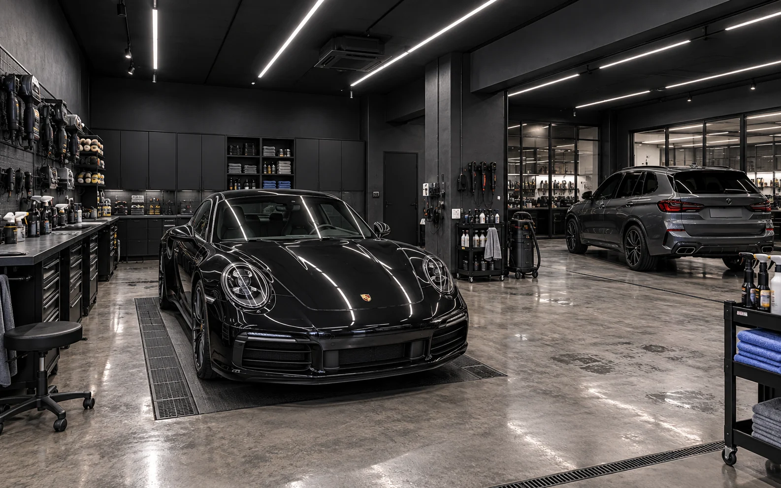 Wide view of a clean premium automotive detailing studio with dark walls, organized tools, and polished concrete floor