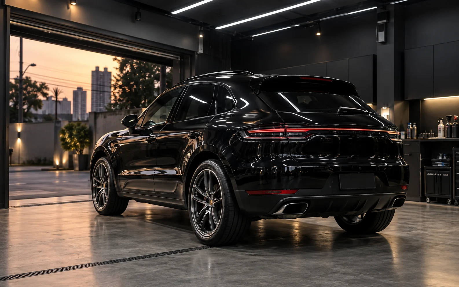 Freshly detailed black Porsche Macan positioned near the studio exit for handover