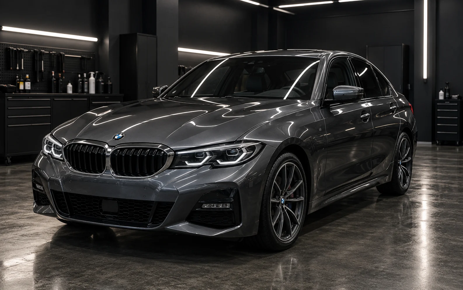 Graphite BMW 3 Series after a professional maintenance detail