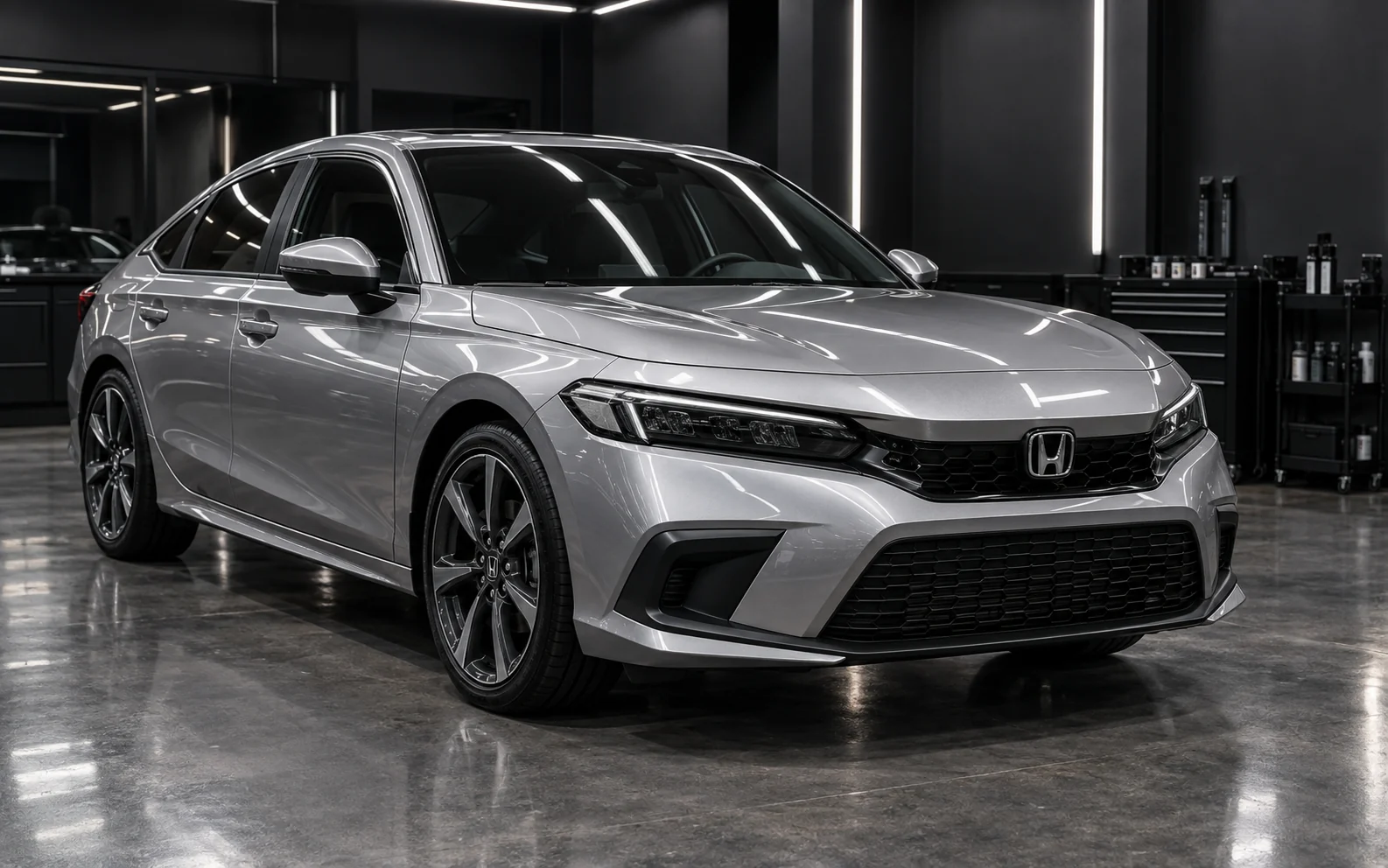 Metallic silver Honda Civic after full-front paint protection film installation