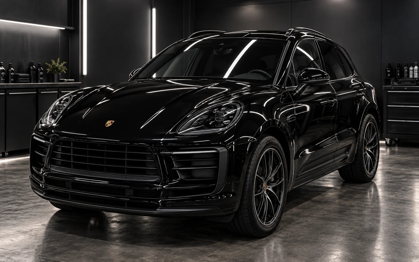 Finished black Porsche Macan after paint correction and ceramic protection
