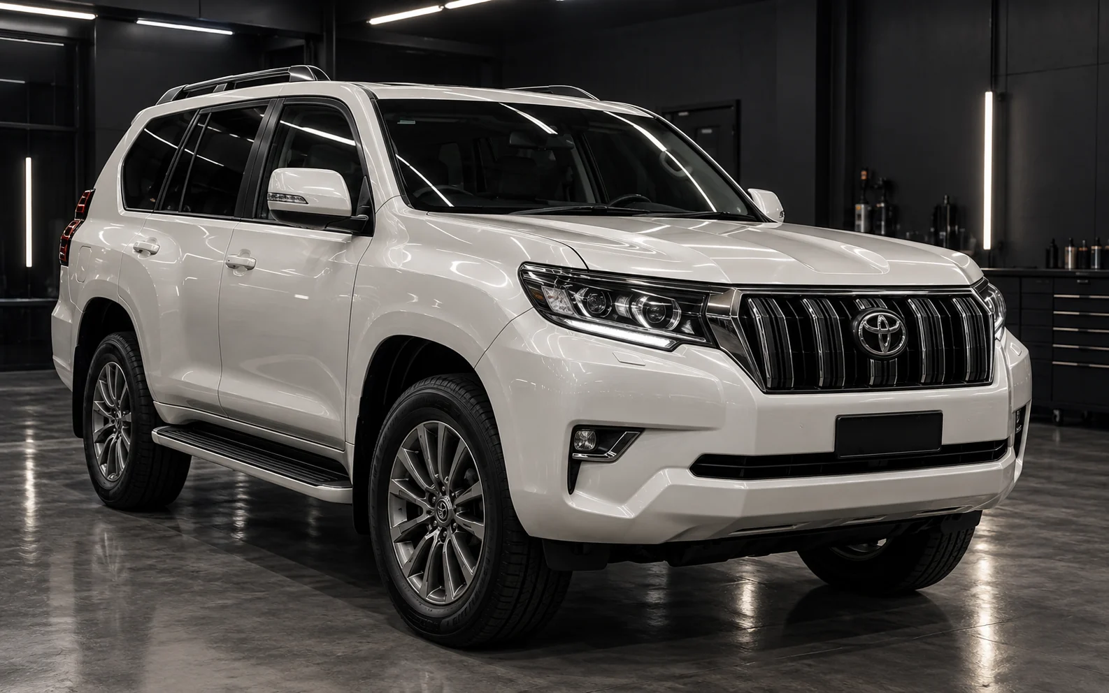 Pearl white Toyota Land Cruiser Prado after a complete professional detail